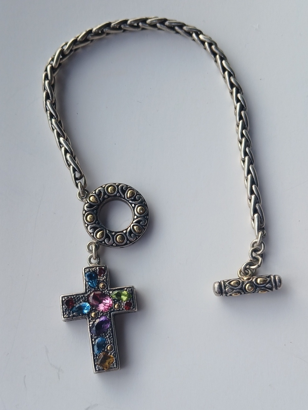 Samuel B. Benham Sterling Silver + 18K Gold Multi-Gem Cross Breaclet
